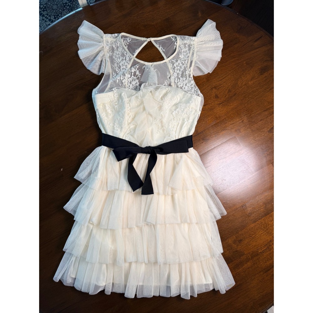 Marchesa Ivory Lace Tulle Dress Tiered Ruffles Black Bow Gothic Lolita Romantic
